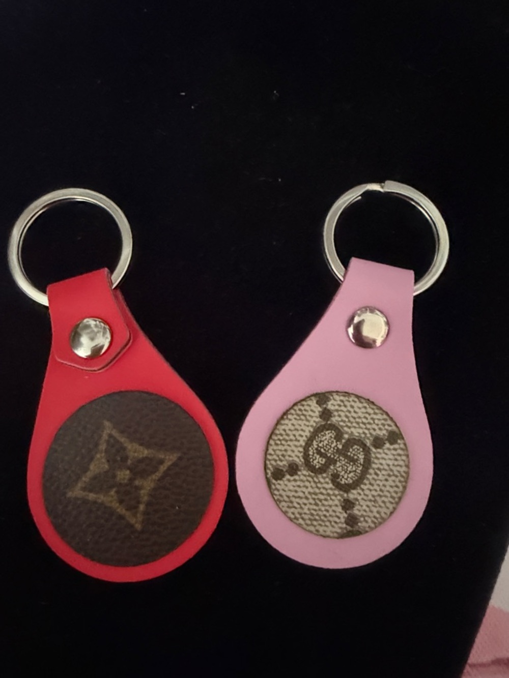 1x Red or Pink Designer-up-cycled  Leather Key Fob Set